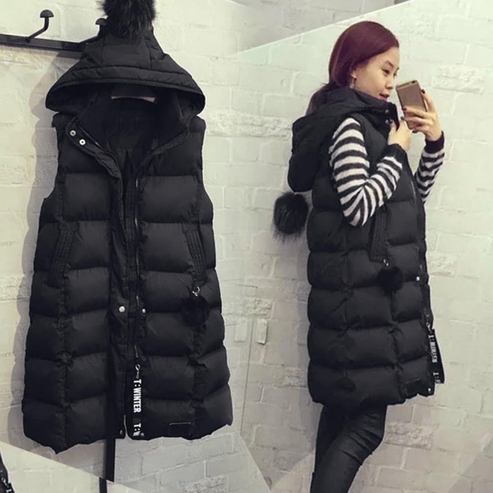 Women Long Cotton Padded Waistcoat Coat Hooded Vest Gilet Jacket Winter Parka Ladies Warm Quilted Padded Lightweight Trench Outwear Long Sleeve Tops Cardigan