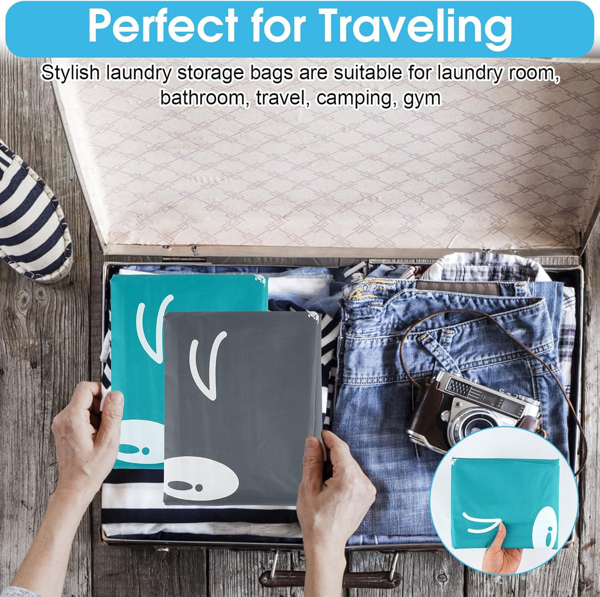 2 PCS Travel Laundry Bags, 24" X 36" Portable Large Laundry Bag (Grey,Blue)