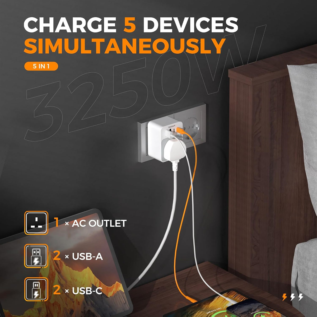 UK to European Plug Adapter, Type E F Travel Adapter with USB C