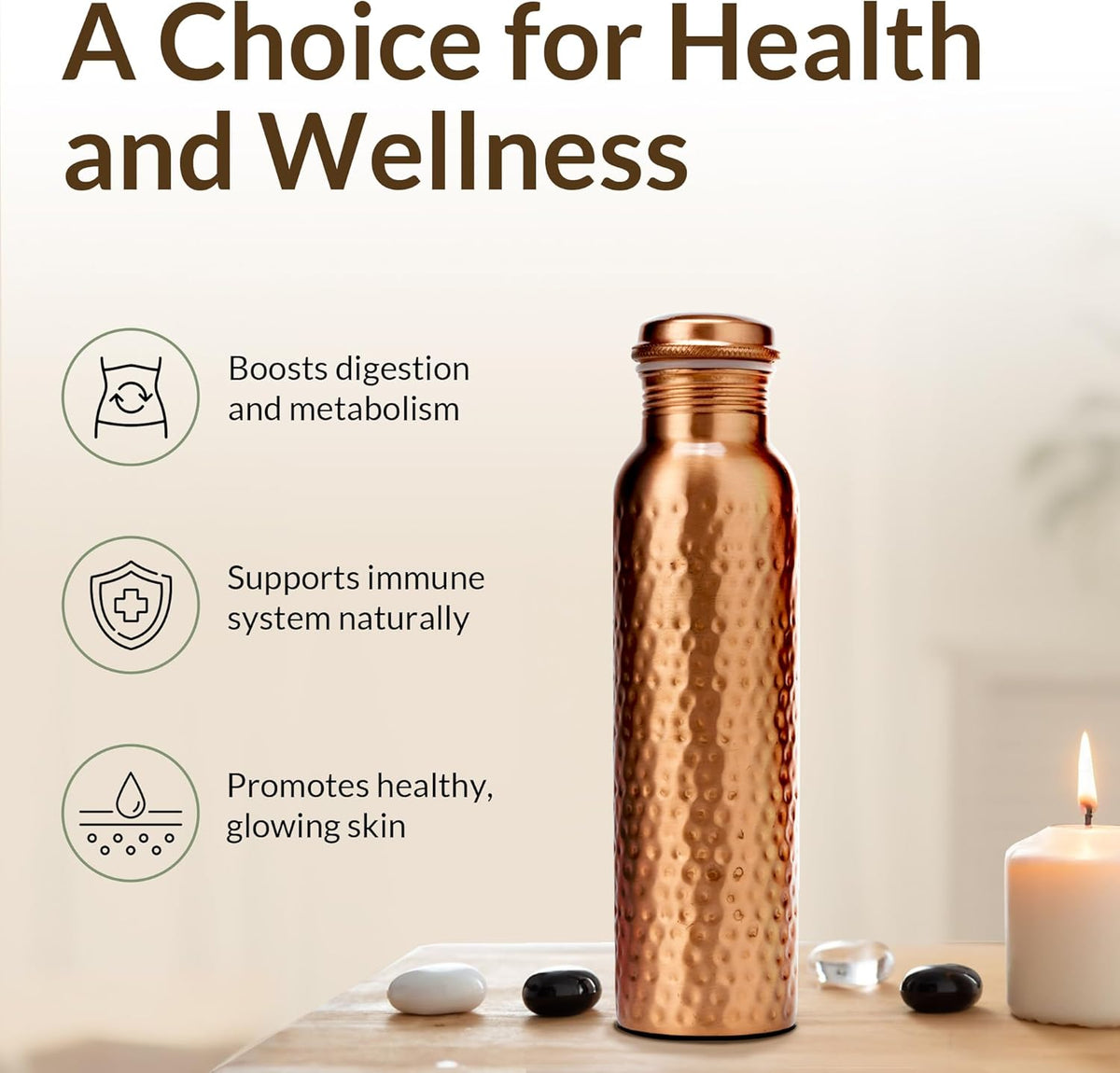 Hand Hammered Pure Copper Water Bottle 950 Ml – Ayurvedic Leakproof Metal Sports & Gym Water Bottle | BPA Free Large Water Bottle for Yoga Travel and Office Canvas Bag & Brush Lab Tested