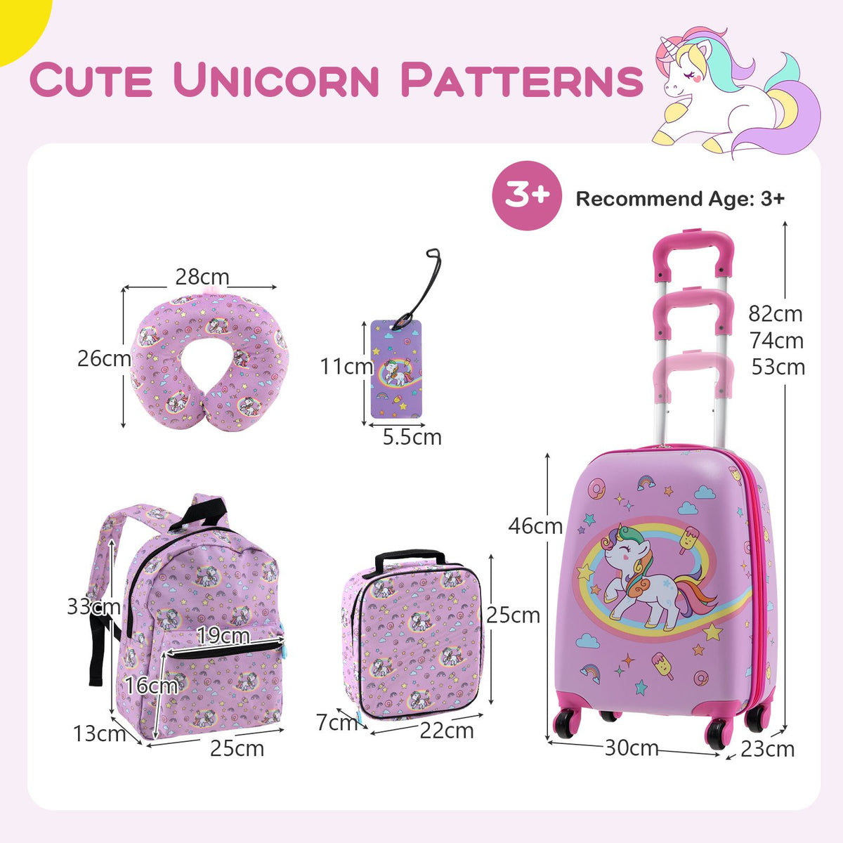 5 Piece Kids Luggage Set Carry-On Children Rolling Suitcase Set with Backpack