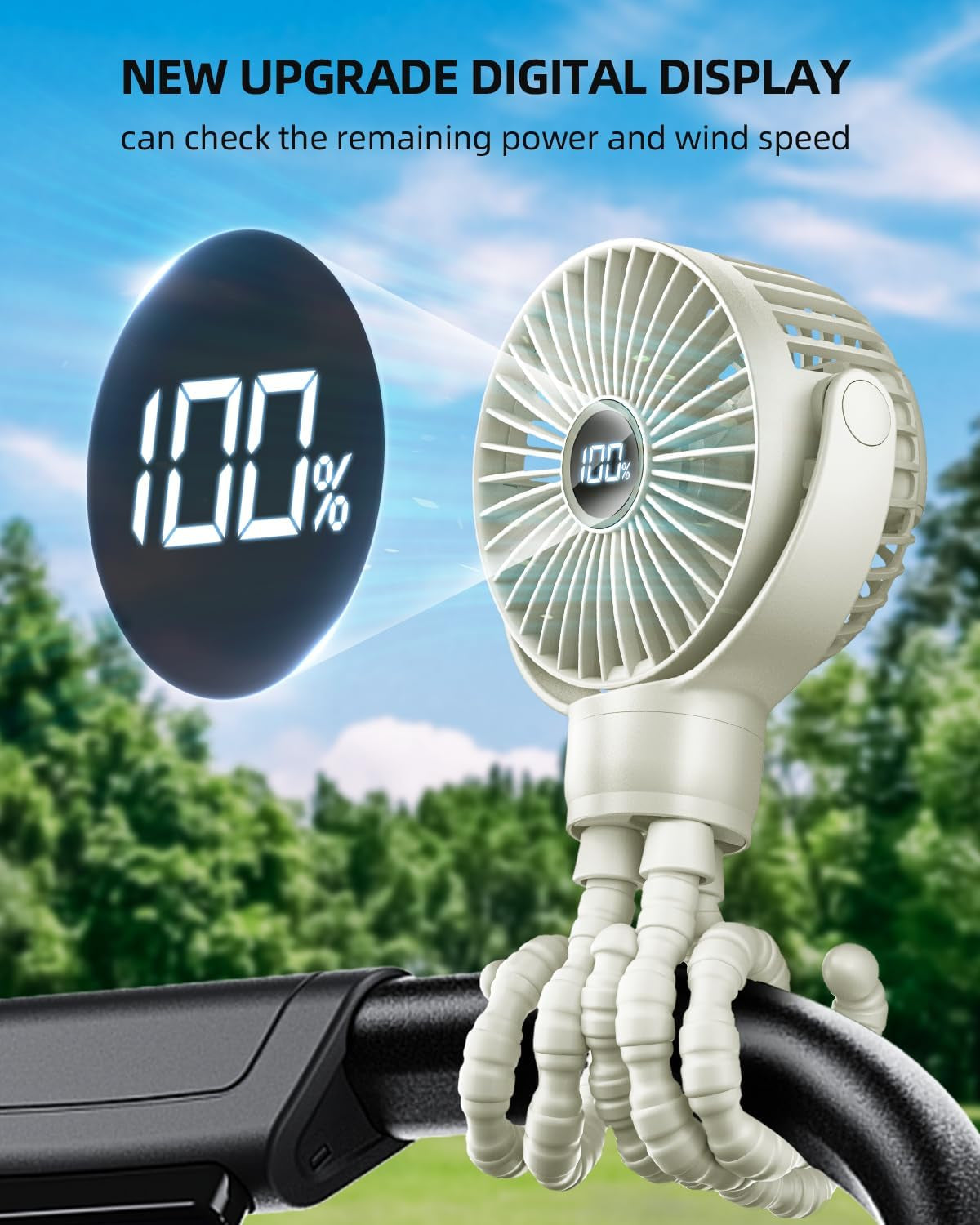 Portable Pram Fan, Small Rechargeable Clip on Fan with Digital Display