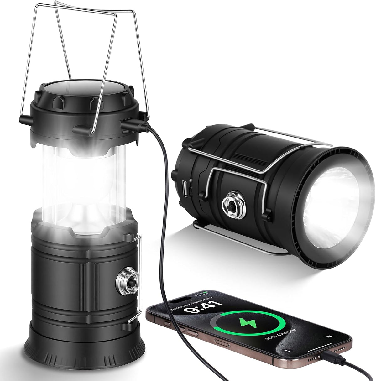 Camping Lantern, Rechargeable Camping Lights with Solar, Camping Lantern Battery Powered with Foldable Hook, LED Solar Camping Lamp for Emergency, Hiking, Camping, Fishing, SOS, Outdoor
