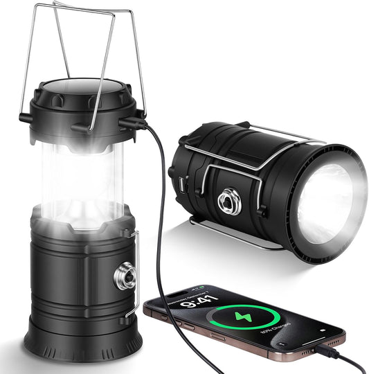 Camping Lantern, Rechargeable Camping Lights with Solar, Camping Lantern Battery Powered with Foldable Hook, LED Solar Camping Lamp for Emergency, Hiking, Camping, Fishing, SOS, Outdoor
