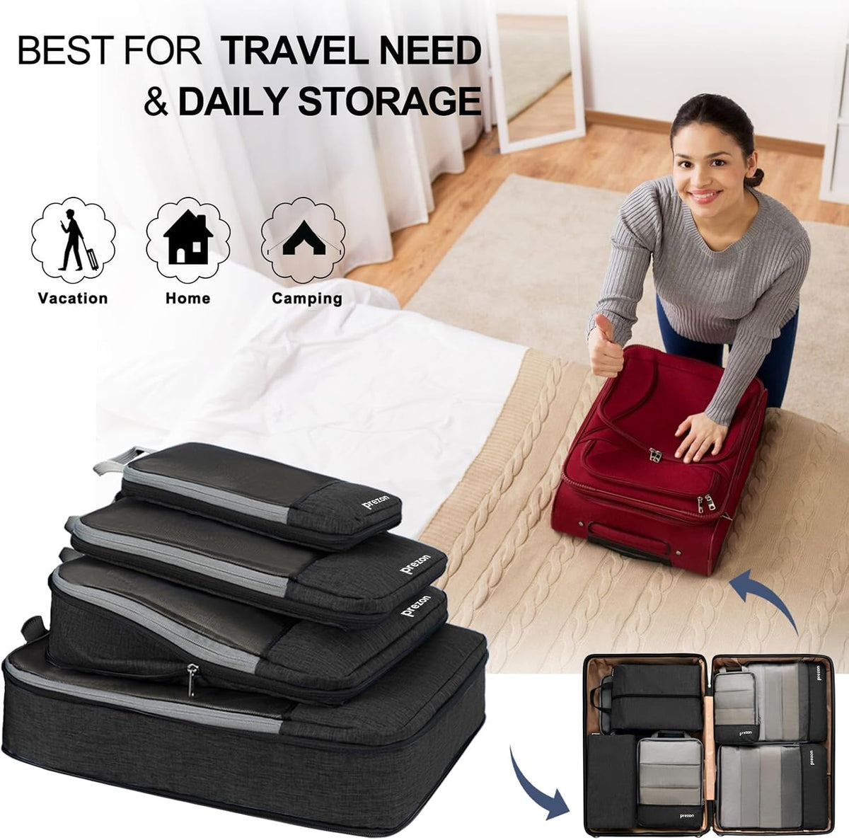 Compression Packing Cubes, Luggage Organiser Set, Extensible Suitcase Organiser, Packing Organisers for Suitcases, Packing Cubes for Travel or Home Storage