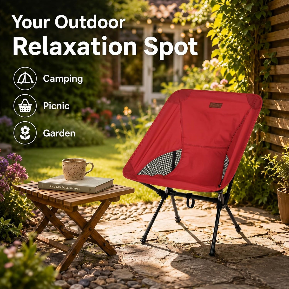 Folding Camping Chair, Pack of 1 - Compact & Lightweight Outdoor Chair for Adults, Comfortable Sitting, Ideal for Garden, Beach, Picnic, and Adventures (Red)
