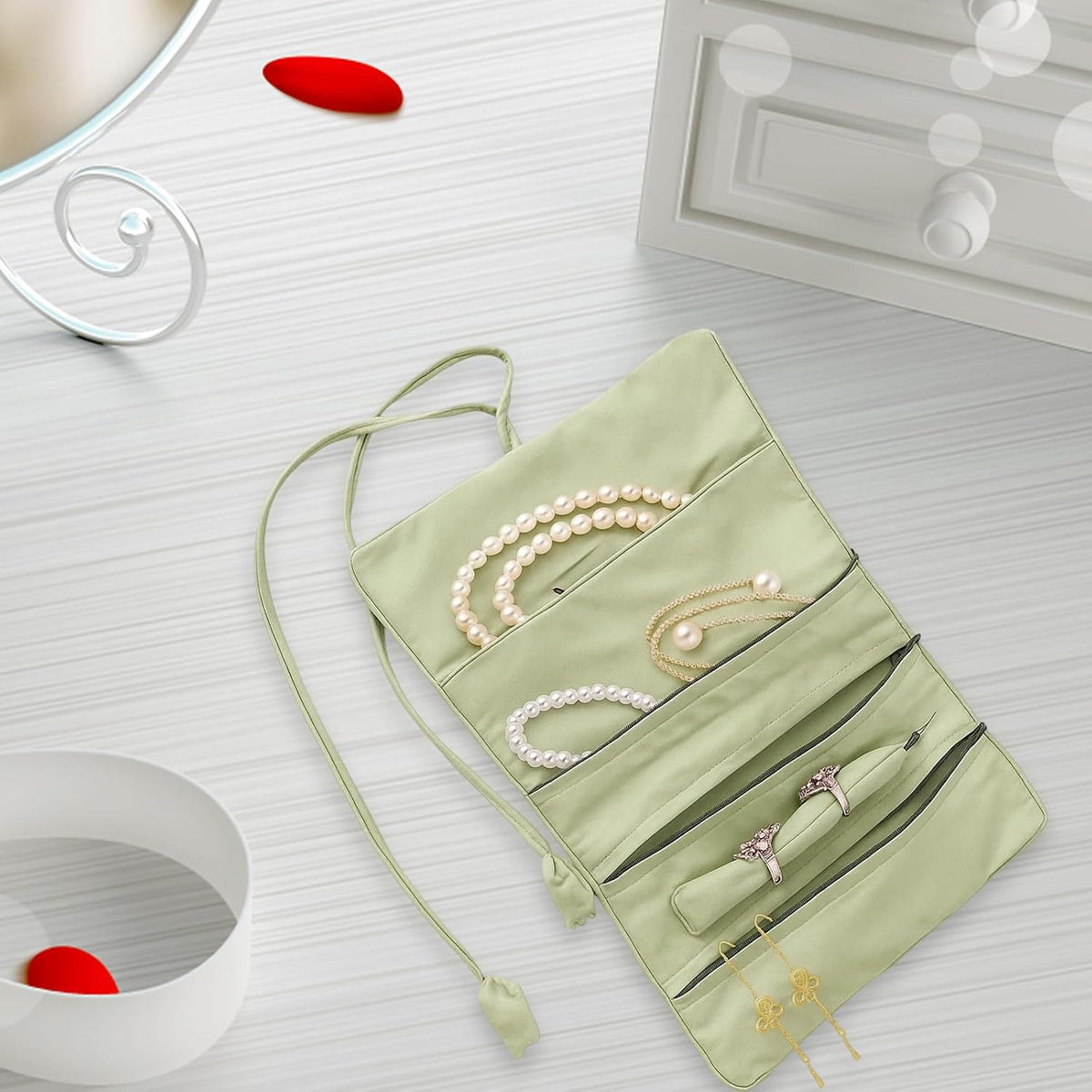 Jewellery Roll, Travel Jewellery Case, Travel Jewellery Organiser, Portable Hand Roll Bag Jewelry Bag for Necklace Ring Bracelet Storage, Foldable Ancient Style Pouch