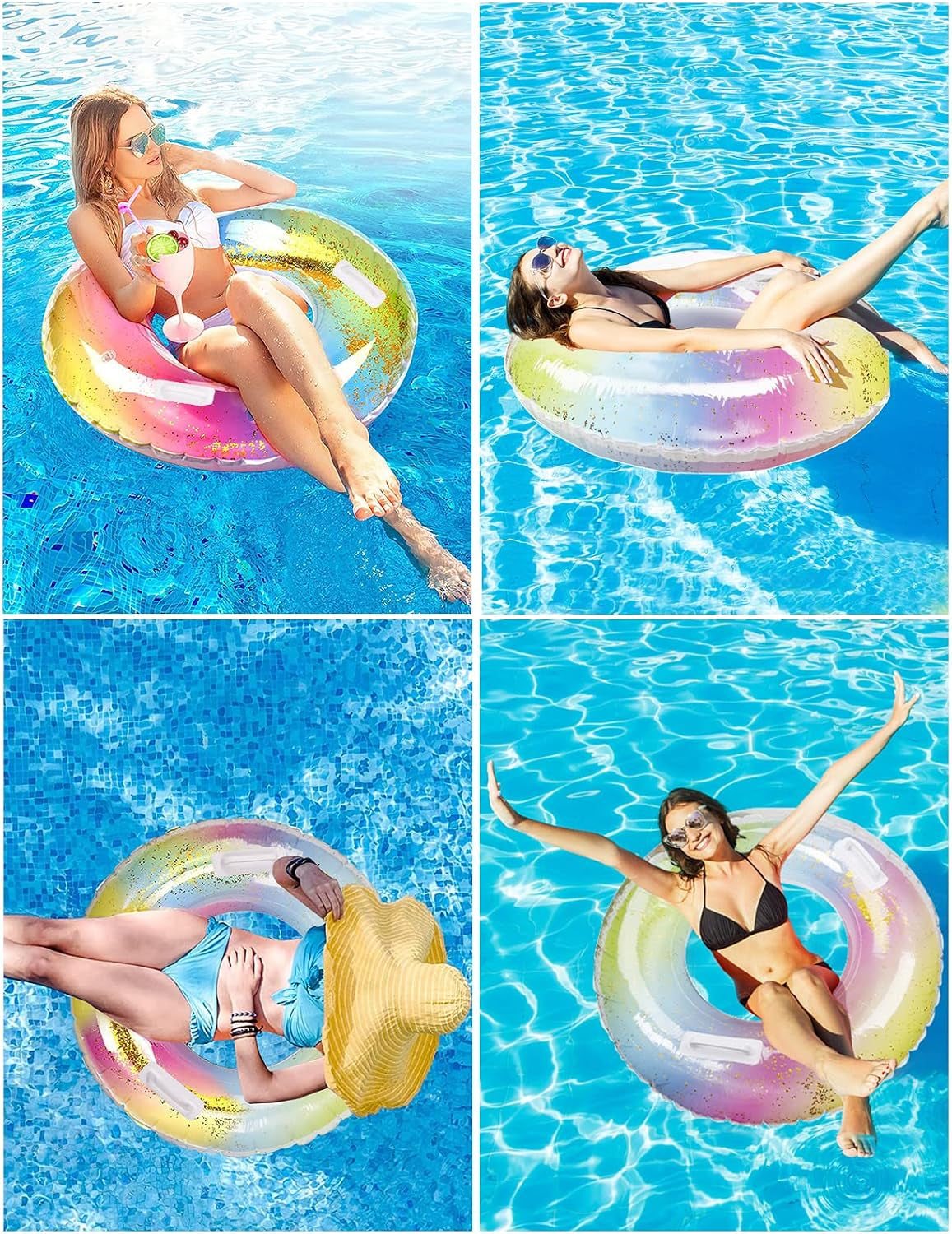 Swimming Ring Adults, Rainbow Sequins Swim Ring with Safy Handle, Transparent Floating Ring, Durable Inflatable Pool Floats, Swimming Ring Tube for Summer Pool Party and Water Sports