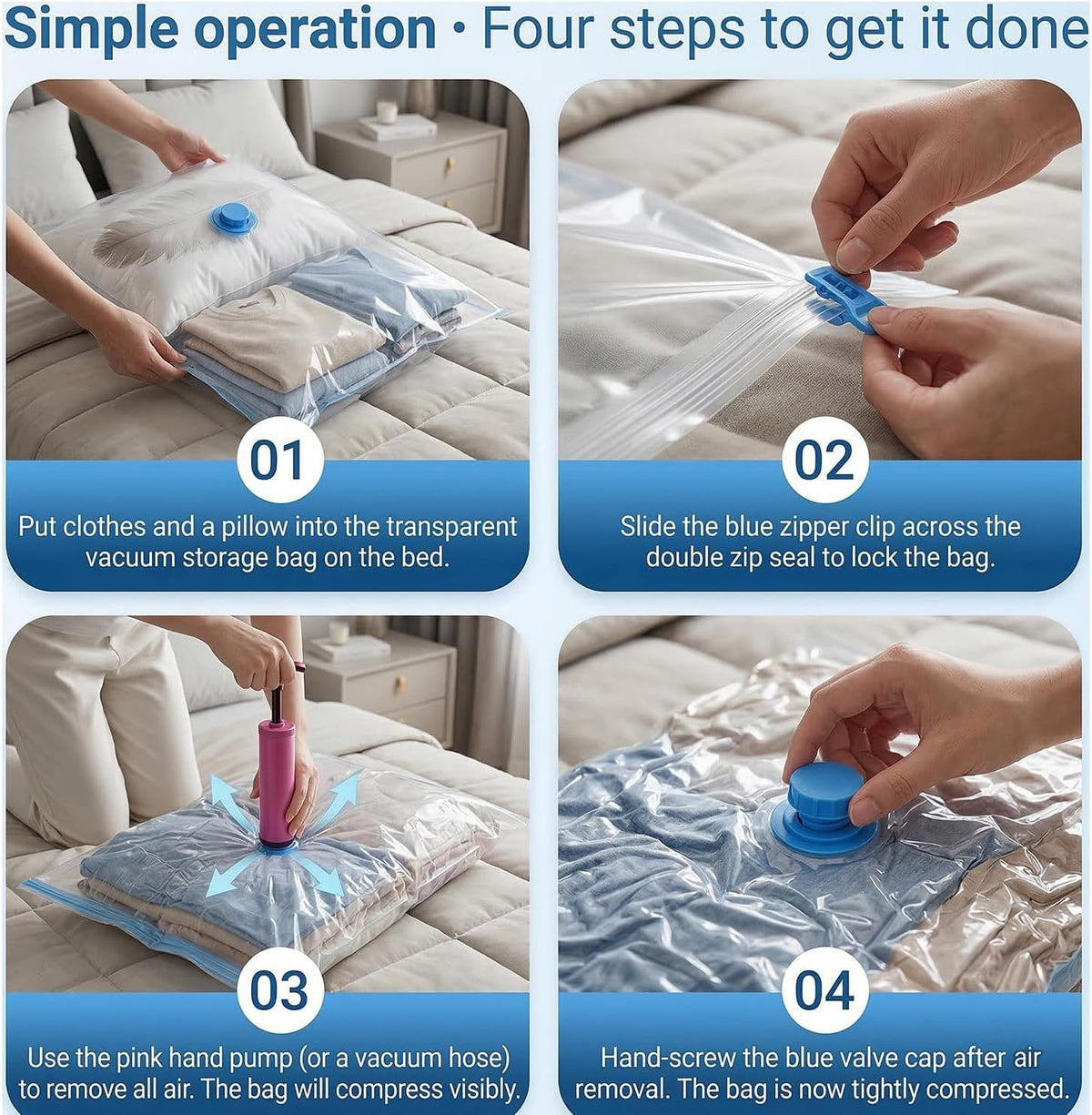 8 Vacuum Storage Bags with Hand Pump, (60 X 80Cm) Large Compression Storage Pack with Zip Seal, Space Saver Vacuum Pack Bags for Clothes, Bedding, Blankets, Luggage, Travel & Home