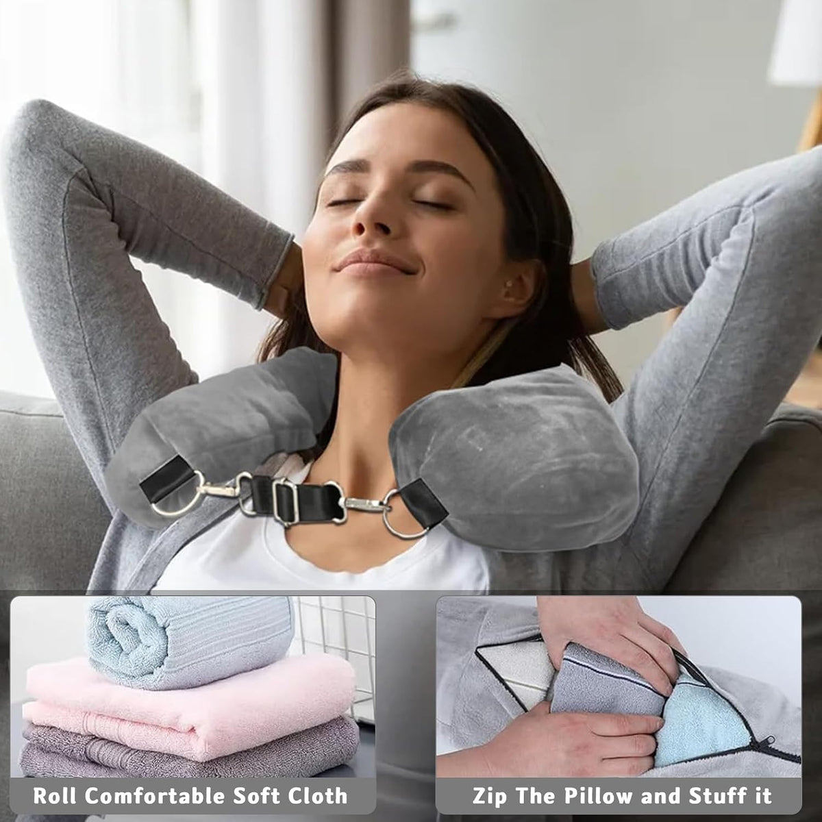 Stuffable Neck Pillow for Travel, Travel Pillow Stuffable with Clothes, Travel Neck Pillows with Adjustable Straps for Essentials Extra Luggage(Grey)