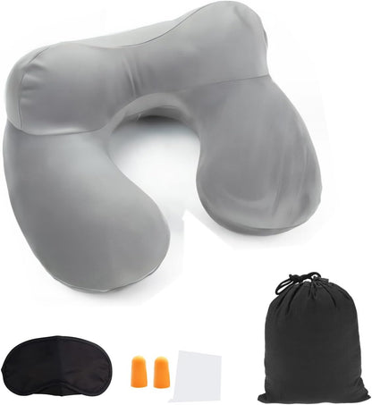 Inflatable Travel Pillow for Airplane Inflatable Neck Pillow for Traveling, Compact Ergonomic Neck Pillow Kits with Ear Plug and Eye Mask, Sleeping Rest Cushion for Airplane, Car, and Train (Blue)