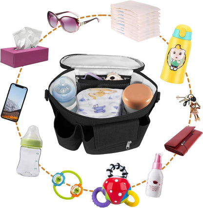 Pram Bag,Upgraded Pram Organiser with Touch Screen Phone Pocket,Stroller Organizer with 2 Mesh Bag and Adjustable Shoulder Strap,Baby Pushchair Organiser for Diapers,Wipes,Bottles,Keys(Black)
