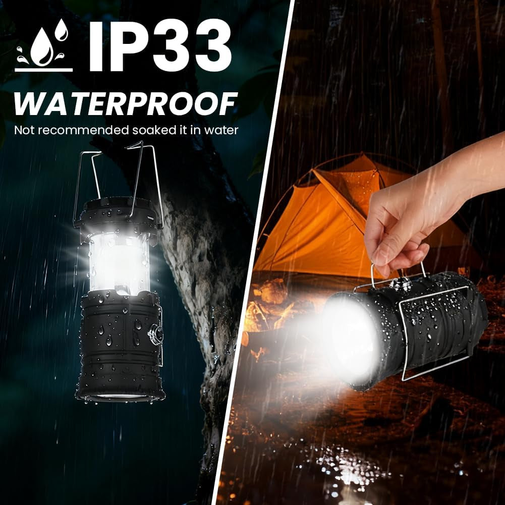 Camping Lantern, Rechargeable Camping Lights with Solar, Camping Lantern Battery Powered with Foldable Hook, LED Solar Camping Lamp for Emergency, Hiking, Camping, Fishing, SOS, Outdoor