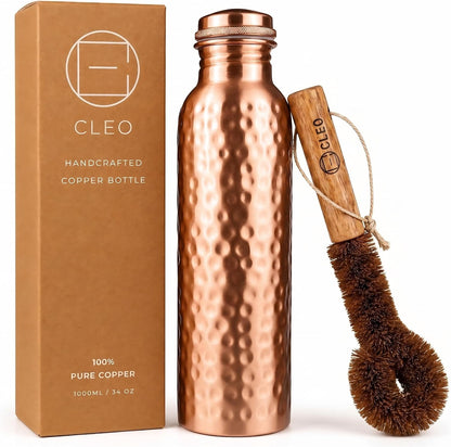 Hand Hammered Pure Copper Water Bottle 950 Ml – Ayurvedic Leakproof Metal Sports & Gym Water Bottle | BPA Free Large Water Bottle for Yoga Travel and Office Canvas Bag & Brush Lab Tested