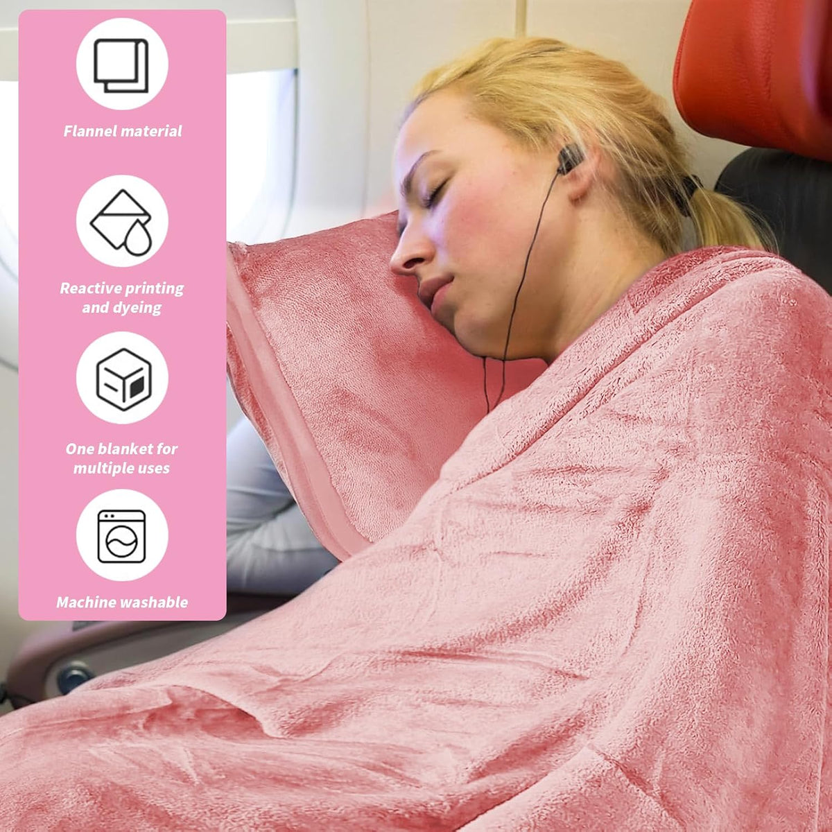 Travel Blanket and Pillow, Ultra Soft 2 in 1 Airplane Blanket with Compact Pillowcase, Luggage Strap, Lightweight Travel Essential, Ideal for Long Flights, Camping, Sunset (Light Pink)