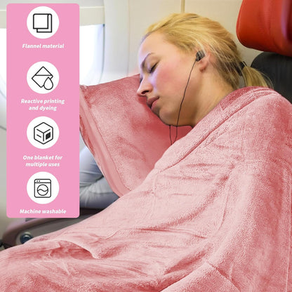 Travel Blanket and Pillow, Ultra Soft 2 in 1 Airplane Blanket with Compact Pillowcase, Luggage Strap, Lightweight Travel Essential, Ideal for Long Flights, Camping, Sunset (Light Pink)