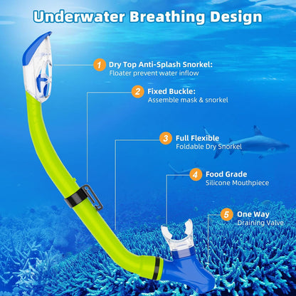 Snorkeling Gear for Kids with Foldable Silicone Full Dry Snorkel, Kids Snorkel Set anti Leak Youth Junior Snorkeling Package Diving Mask Soft Tube with Mesh Bag Swimming Goggles