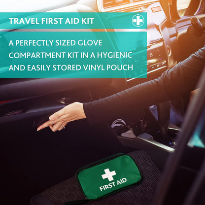 - (REL416) Handy Travel First Aid Kit, Travel Pouch With, Bandages, Cotton Wool Balls, Gloves, Plasters, Safety Pins, Scissors, Slick Bag and Cleansing Wipes (Green)