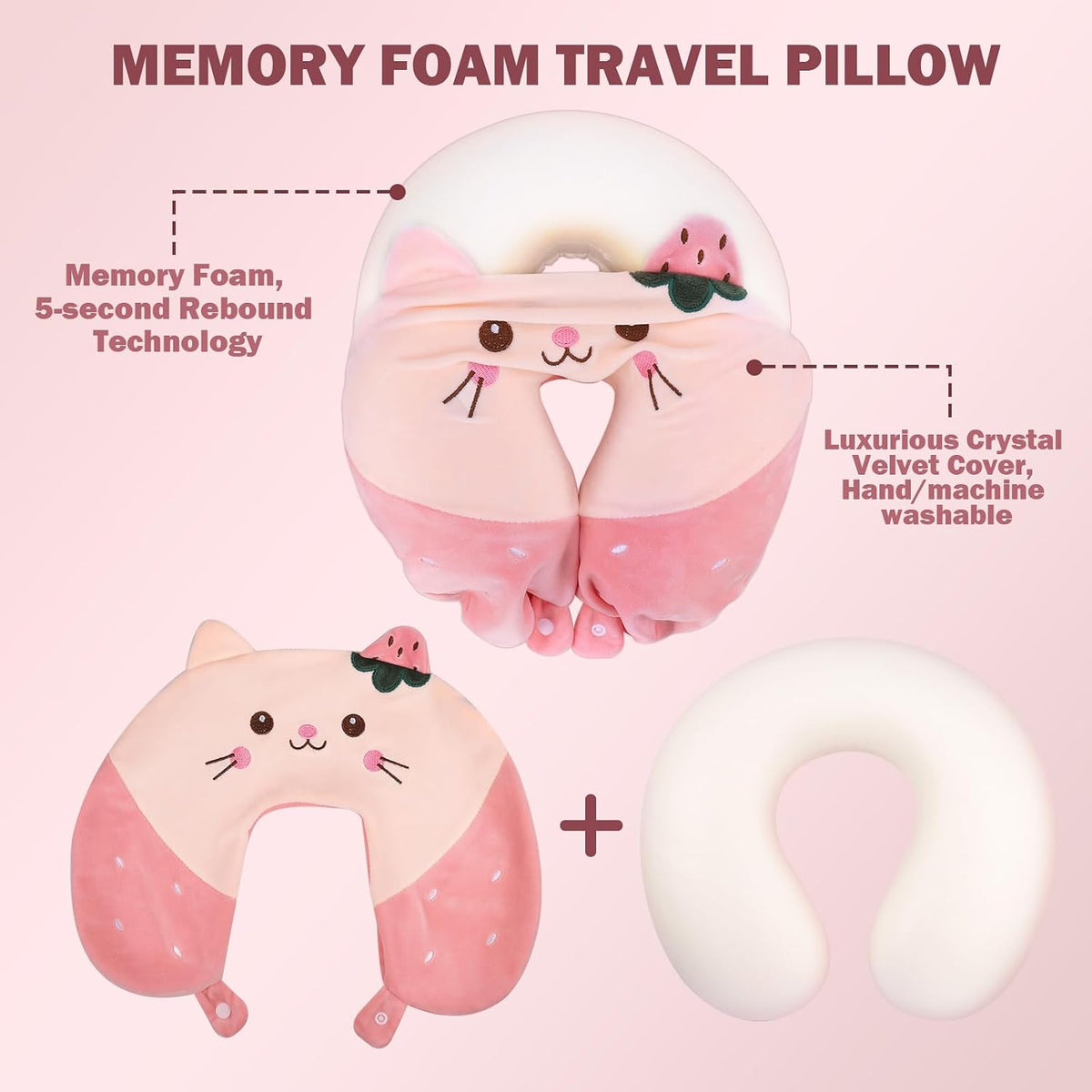 Neck Pillow for Travel, Pink Cute Memory Foam Kids Travel Pillow
