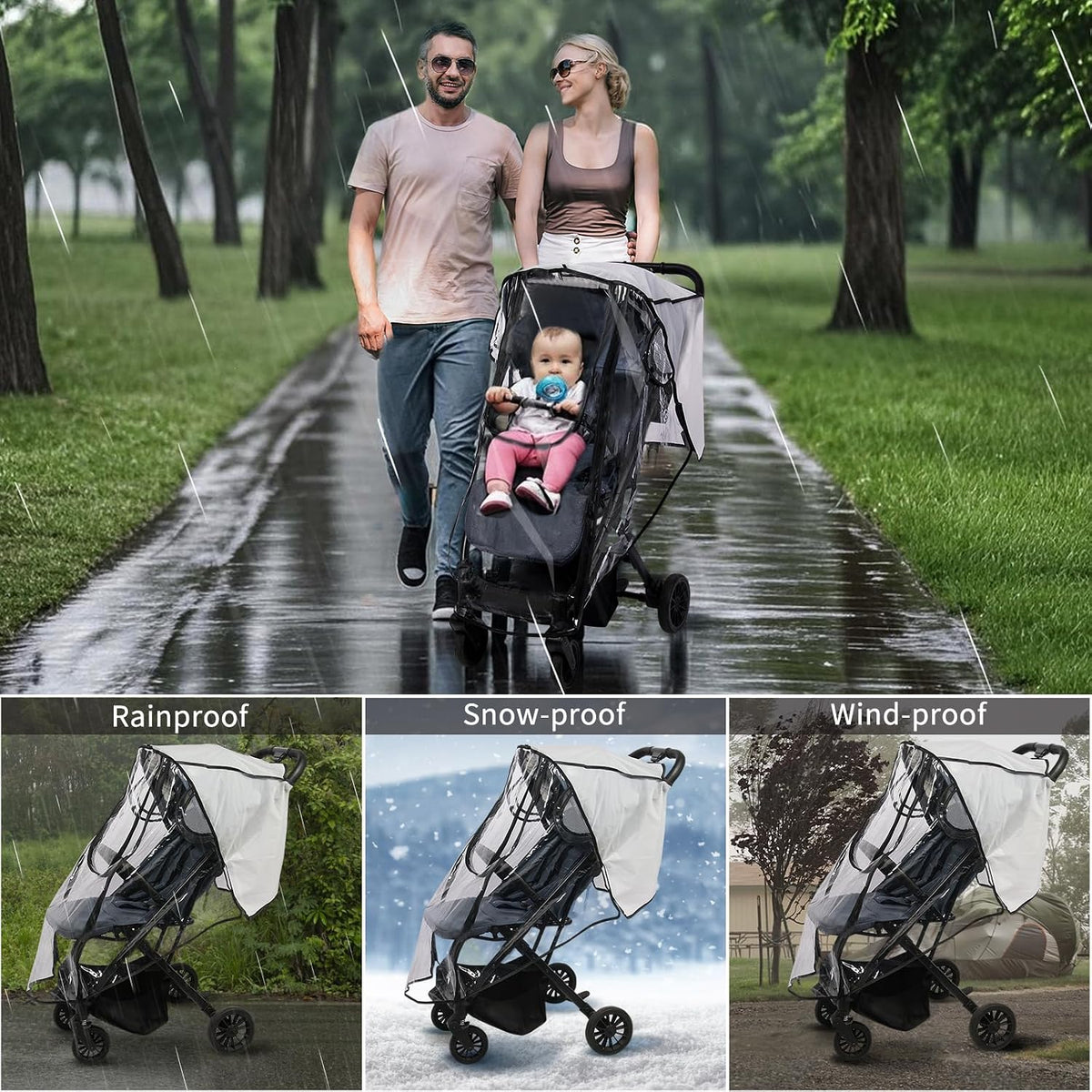 Universal Rain Cover for Pushchair, Pram Rain Cover for Stroller Buggy, Baby Travel Weather Shield with Two-Way Zipper Open on Front, All Seasons Rain Wind Snow Winter Protection