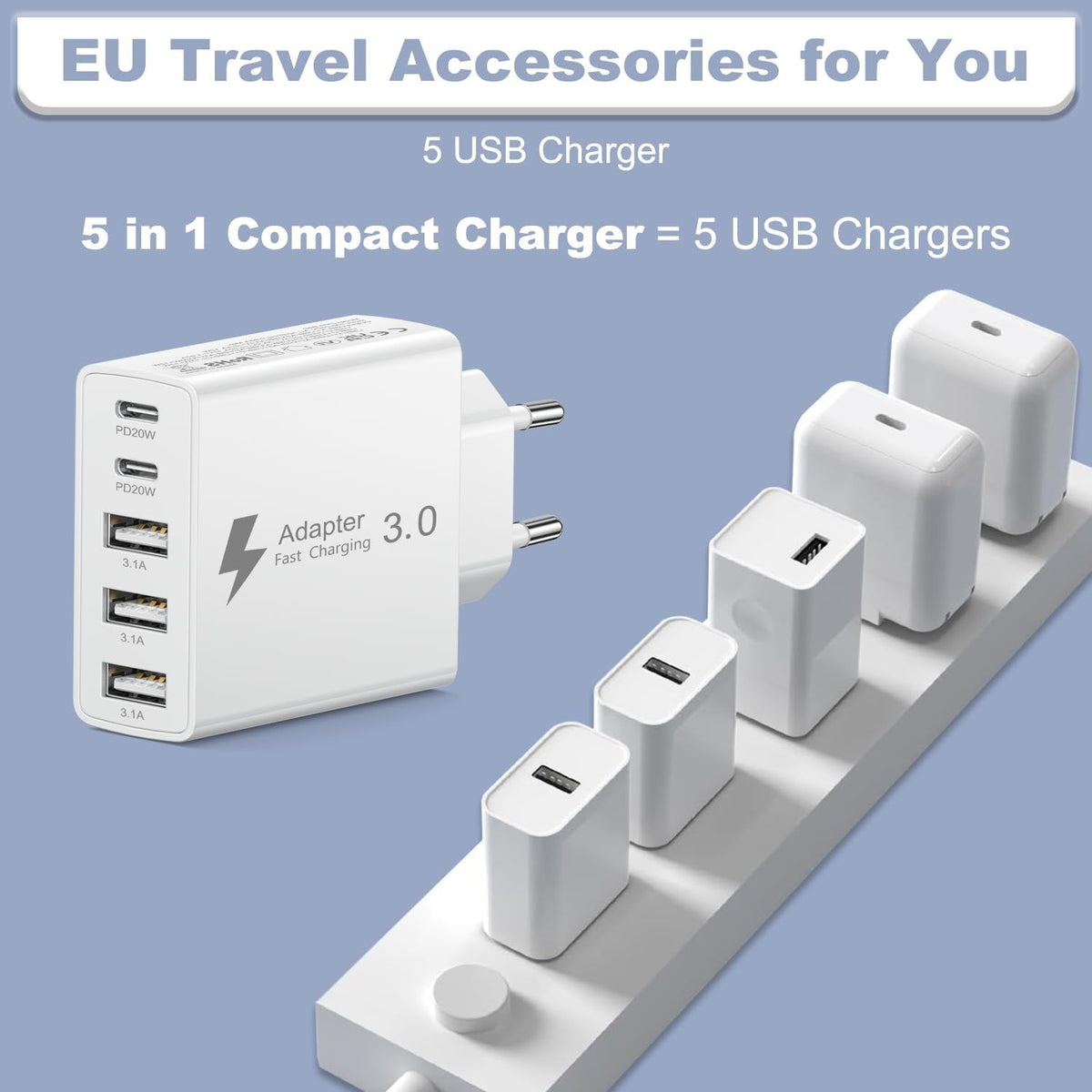 EU Travel Adapter Charger, European Plug Adapter Fast Charging with 2 USB C&3 USB A, 50W European Wall Adaptor Eu Adaptor Plug Fast Charger Compatible with Iphone 18 Pro 17 16 15, Samsung Galaxy S25