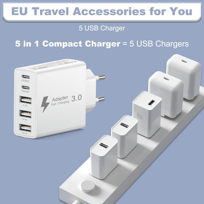 EU Travel Adapter Charger, European Plug Adapter Fast Charging with 2 USB C&3 USB A, 50W European Wall Adaptor Eu Adaptor Plug Fast Charger Compatible with Iphone 18 Pro 17 16 15, Samsung Galaxy S25
