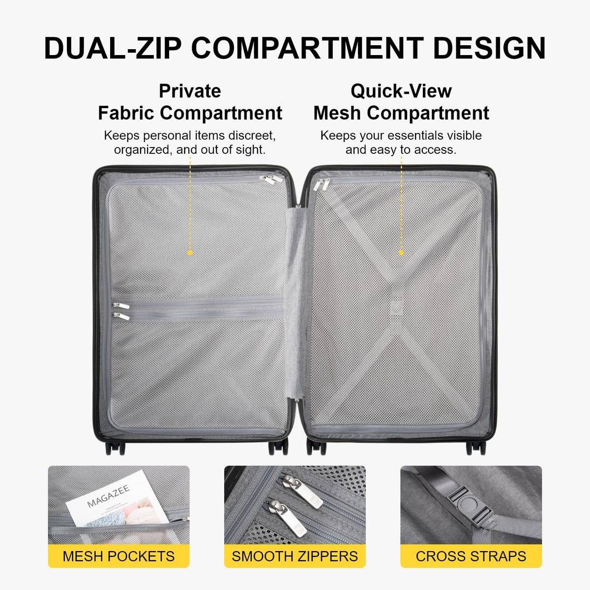 Checked Luggage 24 Inch Suitcase Hand Luggage Lightweight 100% PC Micro-Diamond Textured Design, Medium Size with Wheels, TSA Approved Hard Shell for Women Men for Travel(66Cm, 65,Dark Grey)