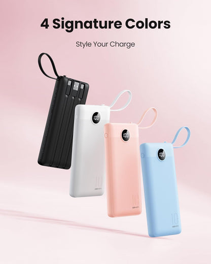 Power Bank, Slim 10000Mah Portable Charger with 4 Built in Cables