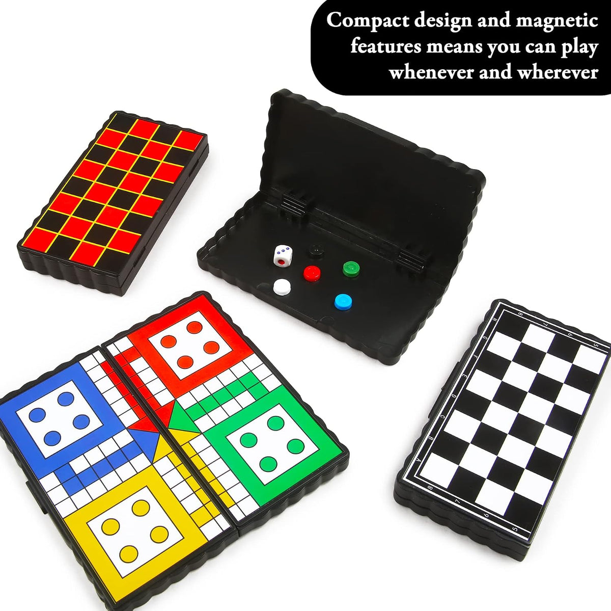 4 Mini Magnetic Games – 4 X Travel Games Includes Chess, Snakes and Ladders, Ludo & Draughts – Plane Activities for Kids - Travel & Pocket Games - Mini Travel Games