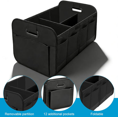 Car Boot Organiser, Large-Capacity Auto Trunk Organizer, Trunk Organiser Collapsible Multi Compartment with Reinforced Base and Comfort Handle for Cars Suvs Trucks(Black)