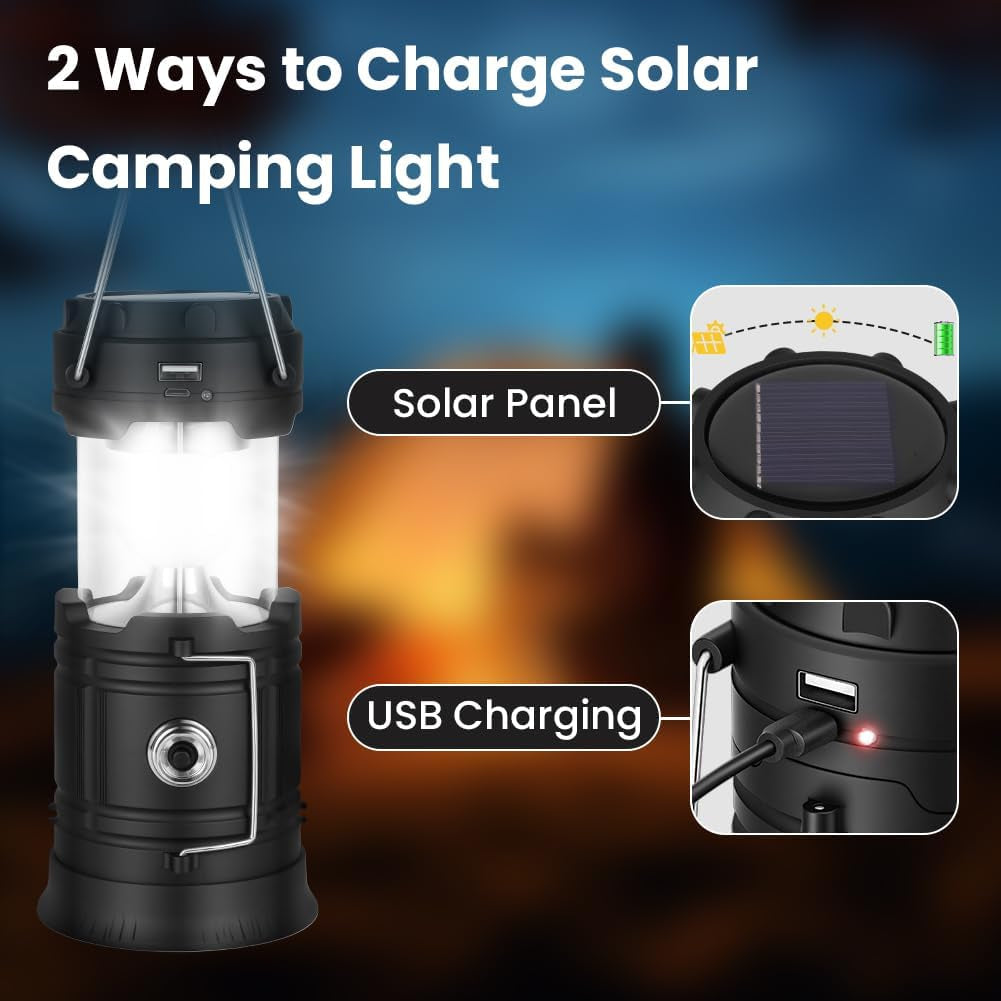 Camping Lantern, Rechargeable Camping Lights with Solar, Camping Lantern Battery Powered with Foldable Hook, LED Solar Camping Lamp for Emergency, Hiking, Camping, Fishing, SOS, Outdoor
