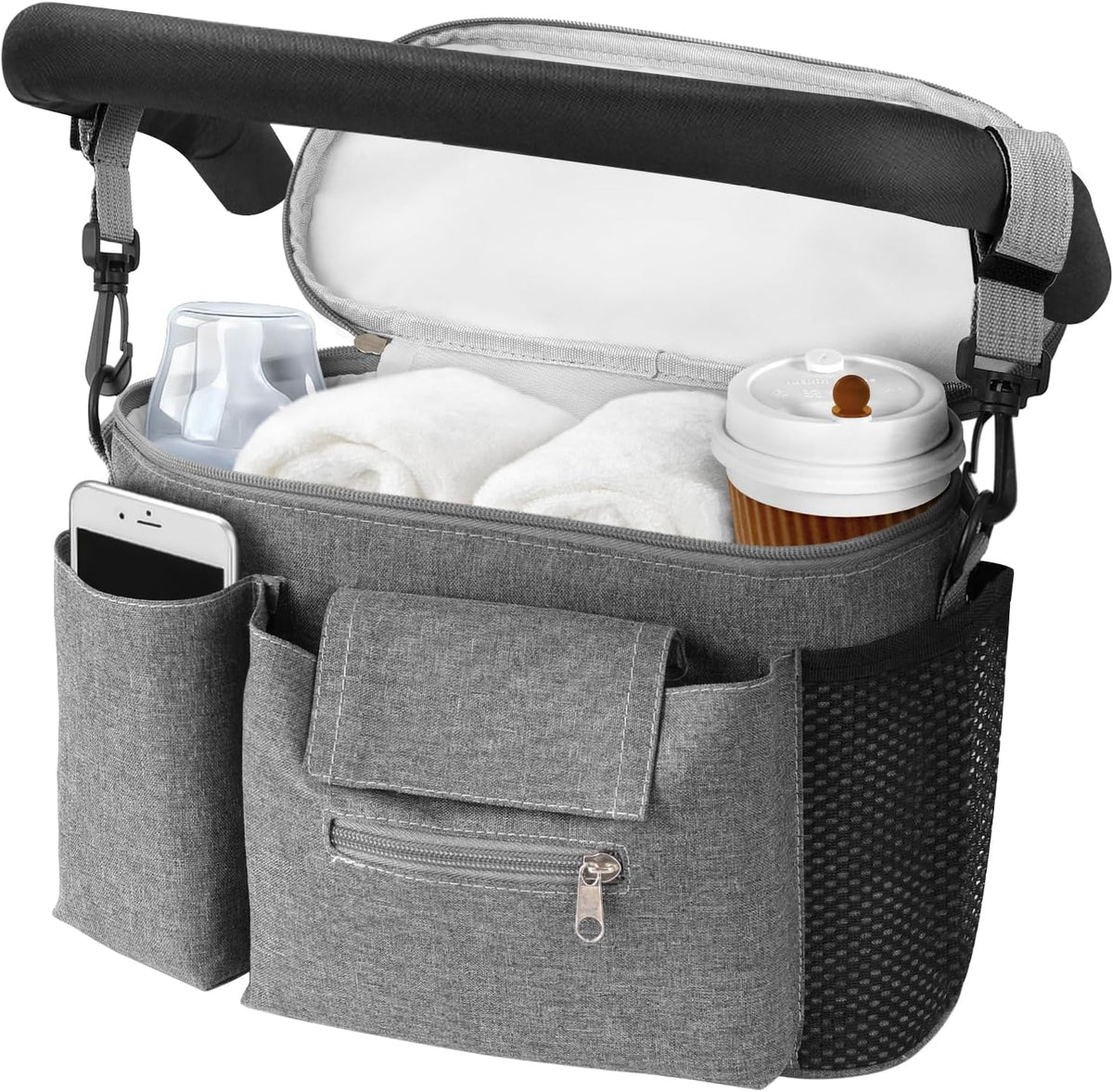 Pram Bag,Upgraded Pram Organiser with Touch Screen Phone Pocket,Stroller Organizer with 2 Mesh Bag and Adjustable Shoulder Strap,Baby Pushchair Organiser for Diapers,Wipes,Bottles,Keys(Black)