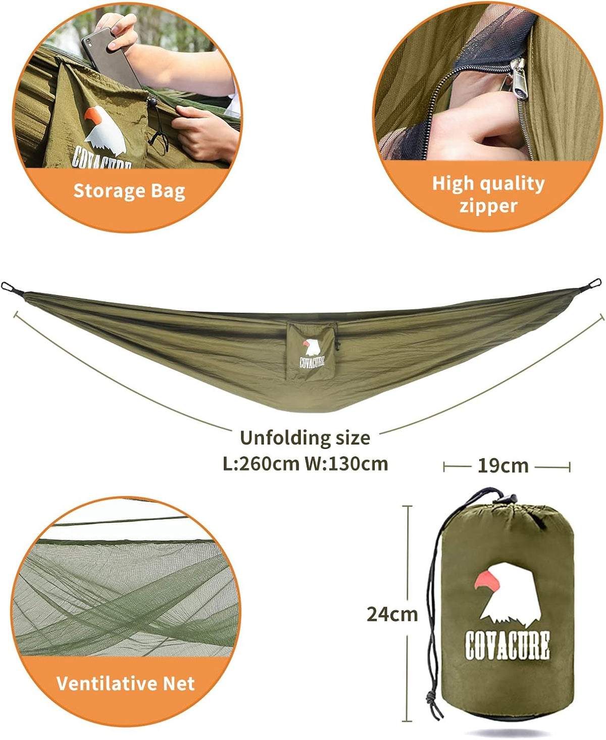 Camping Hammock with Mosquito Net, Ultralight 210T Nylon 102×51’’