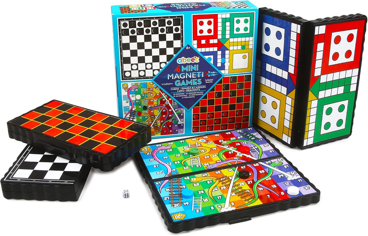 4 Mini Magnetic Games – 4 X Travel Games Includes Chess, Snakes and Ladders, Ludo & Draughts – Plane Activities for Kids - Travel & Pocket Games - Mini Travel Games