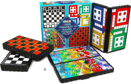 4 Mini Magnetic Games – 4 X Travel Games Includes Chess, Snakes and Ladders, Ludo & Draughts – Plane Activities for Kids - Travel & Pocket Games - Mini Travel Games