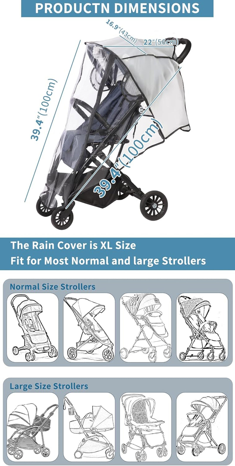 Universal Rain Cover for Pushchair, Pram Rain Cover for Stroller Buggy, Baby Travel Weather Shield with Two-Way Zipper Open on Front, All Seasons Rain Wind Snow Winter Protection