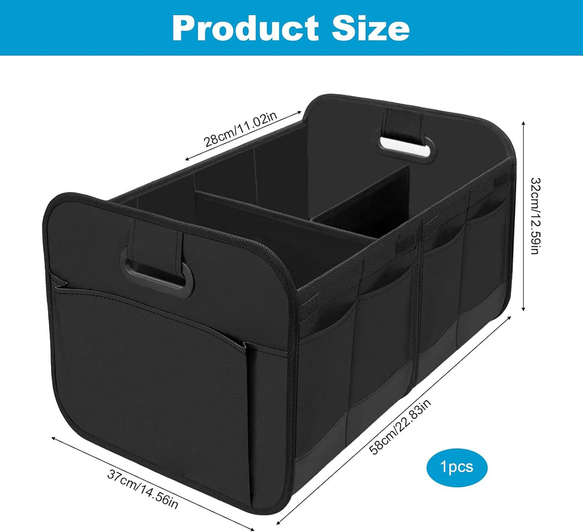 Car Boot Organiser, Large-Capacity Auto Trunk Organizer, Trunk Organiser Collapsible Multi Compartment with Reinforced Base and Comfort Handle for Cars Suvs Trucks(Black)