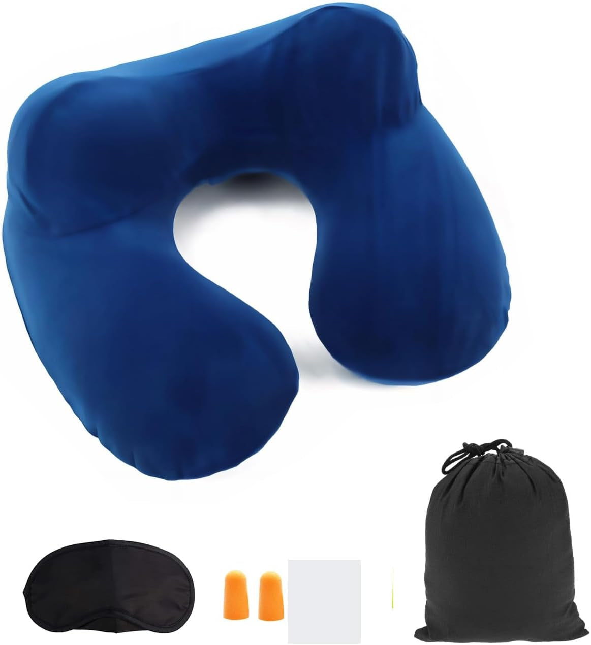 Inflatable Travel Pillow for Airplane Inflatable Neck Pillow for Traveling, Compact Ergonomic Neck Pillow Kits with Ear Plug and Eye Mask, Sleeping Rest Cushion for Airplane, Car, and Train (Blue)