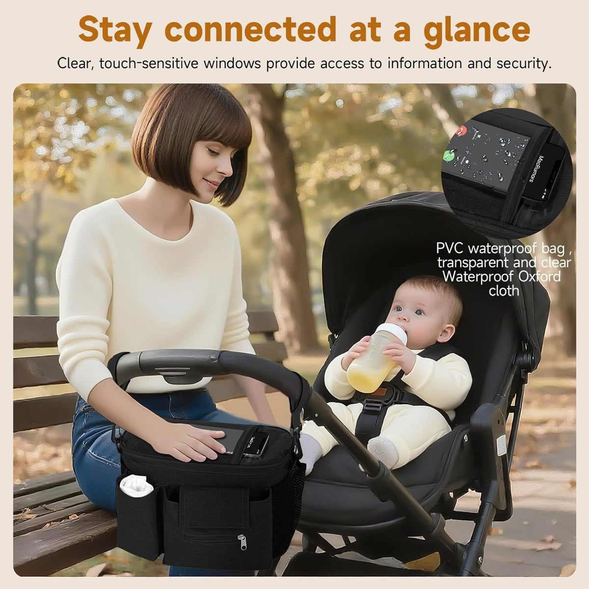 Pram Bag,Upgraded Pram Organiser with Touch Screen Phone Pocket,Stroller Organizer with 2 Mesh Bag and Adjustable Shoulder Strap,Baby Pushchair Organiser for Diapers,Wipes,Bottles,Keys(Black)