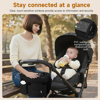 Pram Bag,Upgraded Pram Organiser with Touch Screen Phone Pocket,Stroller Organizer with 2 Mesh Bag and Adjustable Shoulder Strap,Baby Pushchair Organiser for Diapers,Wipes,Bottles,Keys(Black)