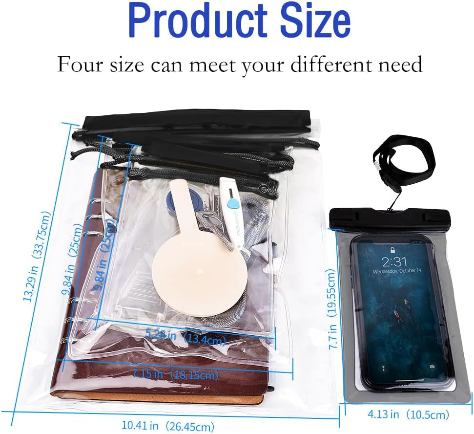 Clear Waterproof Pouch Bag, [4 Pack] Waterproof Bags Large Size Set, Waterproof Case Dry Bag for Beach/Swim/Boating/Kayaking/Hiking/Protect Phone/Camera/Cash/Document - Black
