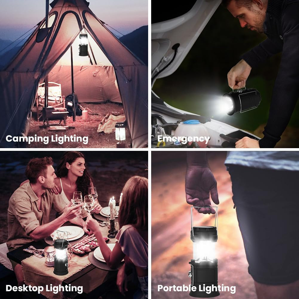 Camping Lantern, Rechargeable Camping Lights with Solar, Camping Lantern Battery Powered with Foldable Hook, LED Solar Camping Lamp for Emergency, Hiking, Camping, Fishing, SOS, Outdoor