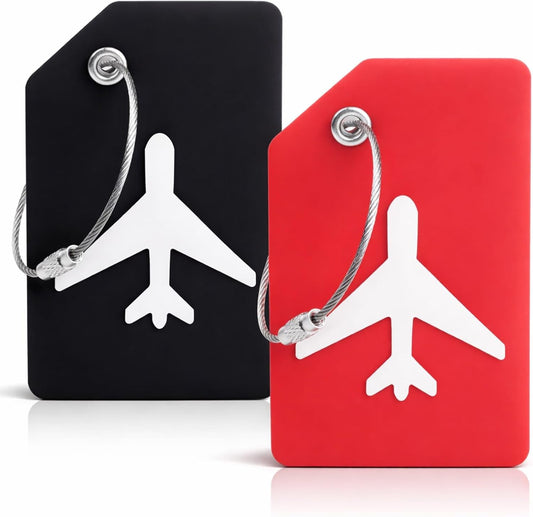 2 Pcs Silicone Luggage Tags, Travel Baggage Labels, Luggage Labels for Suitcases, Suitcase Name Address ID Tags, Protect Privacy Prevent Loss Travel Suitcases Accessories (Black+Red)
