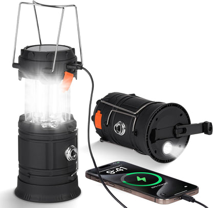 Camping Lantern, Rechargeable Camping Lights with Solar, Camping Lantern Battery Powered with Foldable Hook, LED Solar Camping Lamp for Emergency, Hiking, Camping, Fishing, SOS, Outdoor