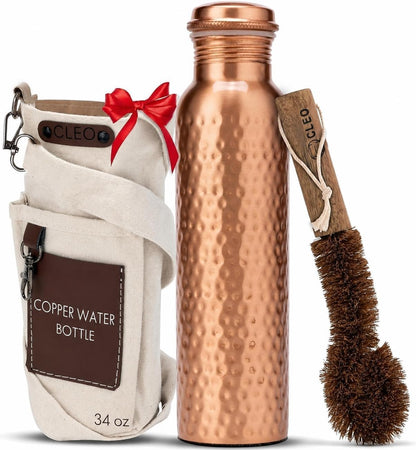 Hand Hammered Pure Copper Water Bottle 950 Ml – Ayurvedic Leakproof Metal Sports & Gym Water Bottle | BPA Free Large Water Bottle for Yoga Travel and Office Canvas Bag & Brush Lab Tested