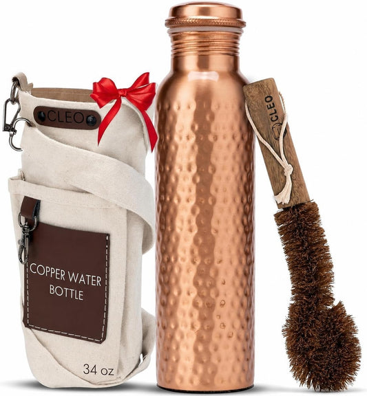 Hand Hammered Pure Copper Water Bottle 950 Ml – Ayurvedic Leakproof Metal Sports & Gym Water Bottle | BPA Free Large Water Bottle for Yoga Travel and Office Canvas Bag & Brush Lab Tested