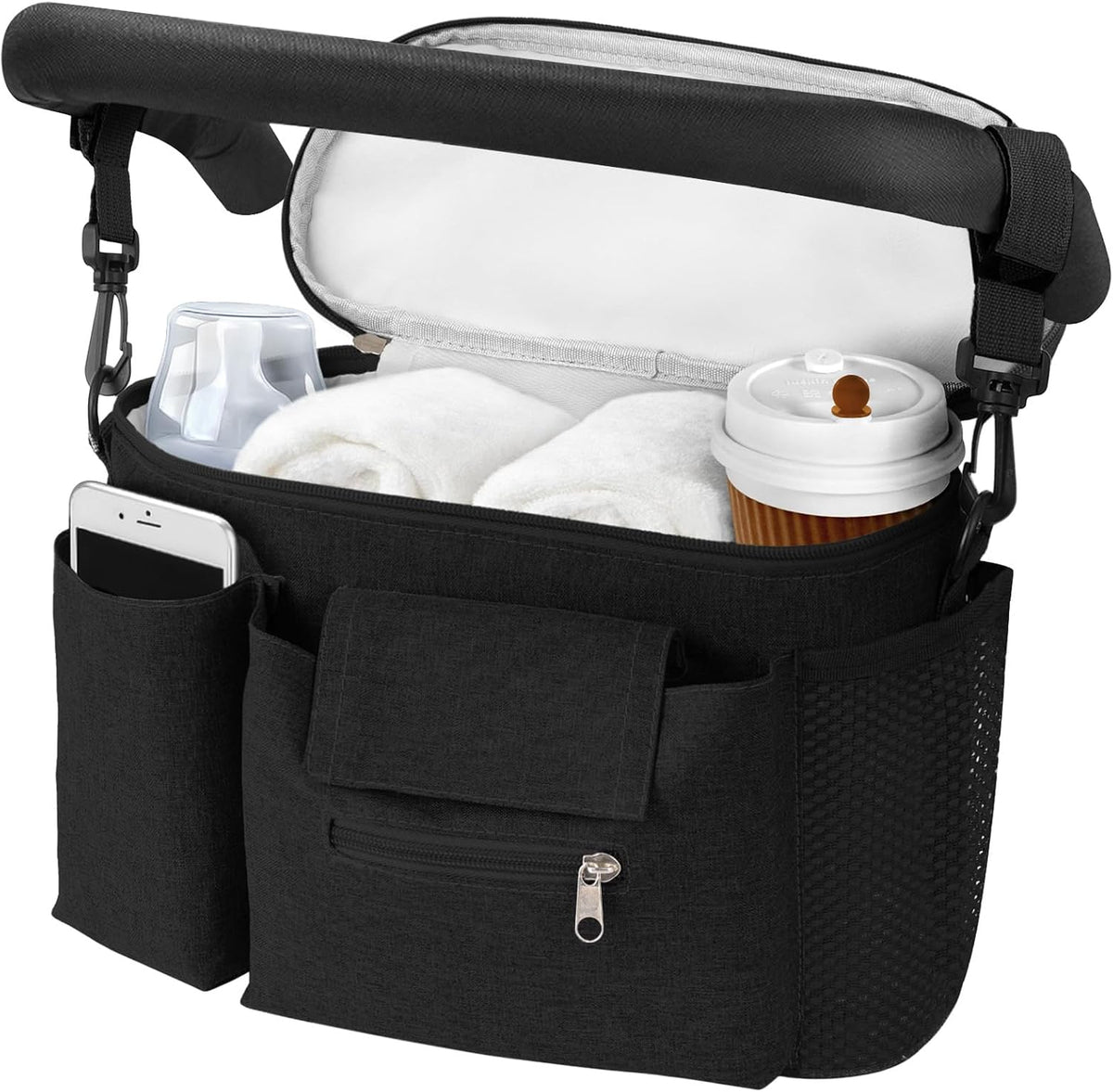 Pram Bag,Upgraded Pram Organiser with Touch Screen Phone Pocket,Stroller Organizer with 2 Mesh Bag and Adjustable Shoulder Strap,Baby Pushchair Organiser for Diapers,Wipes,Bottles,Keys(Black)