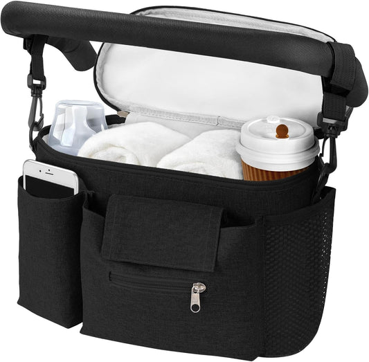 Pram Bag,Upgraded Pram Organiser with Touch Screen Phone Pocket,Stroller Organizer with 2 Mesh Bag and Adjustable Shoulder Strap,Baby Pushchair Organiser for Diapers,Wipes,Bottles,Keys(Black)