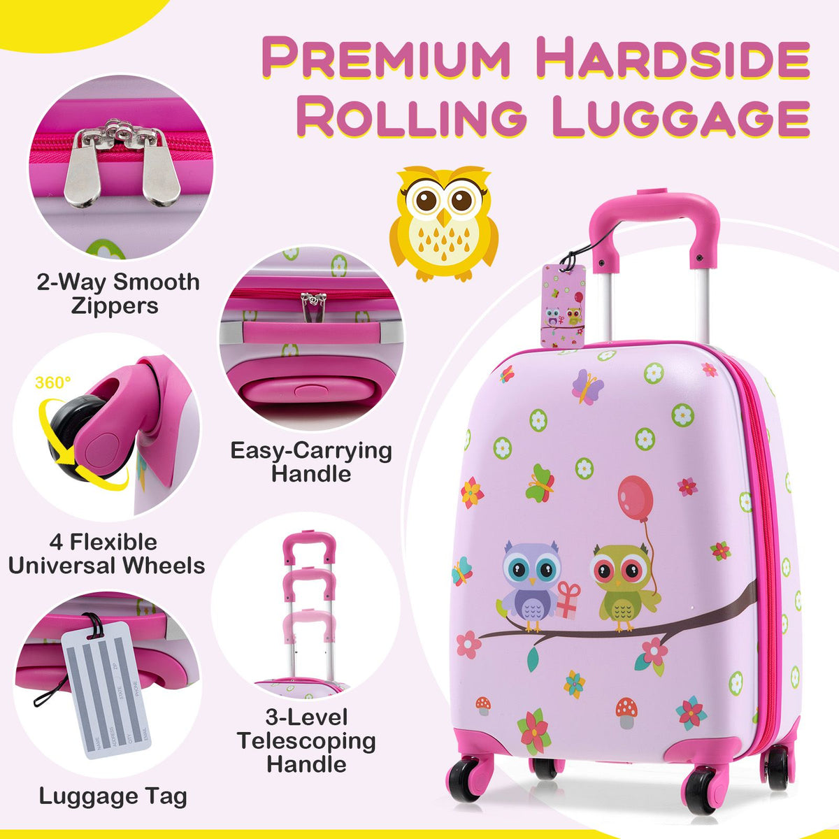 5 Piece Kids Luggage Set Carry-On Children Rolling Suitcase Set with Backpack