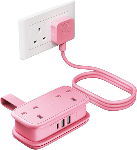 Travel Extension Lead with USB Slots, Pink Extension Lead 1.2M, Cruise Essentials Extension Cord with 2 Way Outlets 3 USB（1 Type C) for Cruise Travel Essentials Hotel Home Office